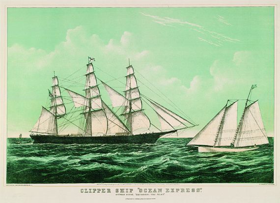  Schiffsgrafik - Clipper Ship "Ocean Express". Outward Bound "Discharging the Pilot"