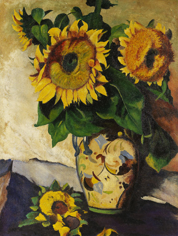 Heinrich Nauen - Sonnenblumen in bemalter Vase mit Doppelhenkel