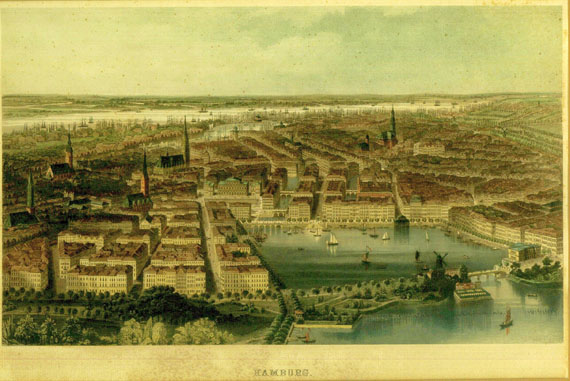  Hamburg - 1 Bl. Vogelschauansicht d. Binnenalster und Altstadt. um 1840