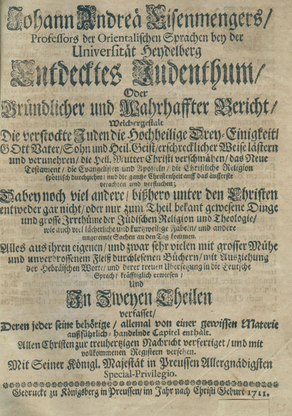  Judaica - Eisenmenger, J. A., Entdecktes Judentum. 1711