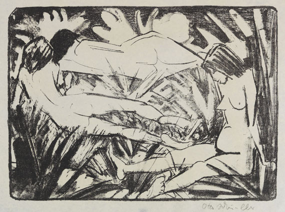 Otto Mueller - Sitzendes und zwei liegende Mädchen im Gras (Drei Akte)