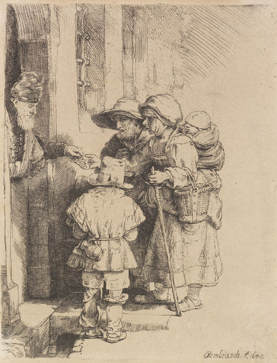 Harmenszoon Rembrandt van Rijn - Blinder Leierkastenmann mit Familie erhält Almosen