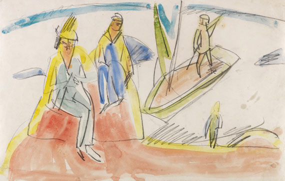 Ernst Ludwig Kirchner - Menschen und Boot am Strand