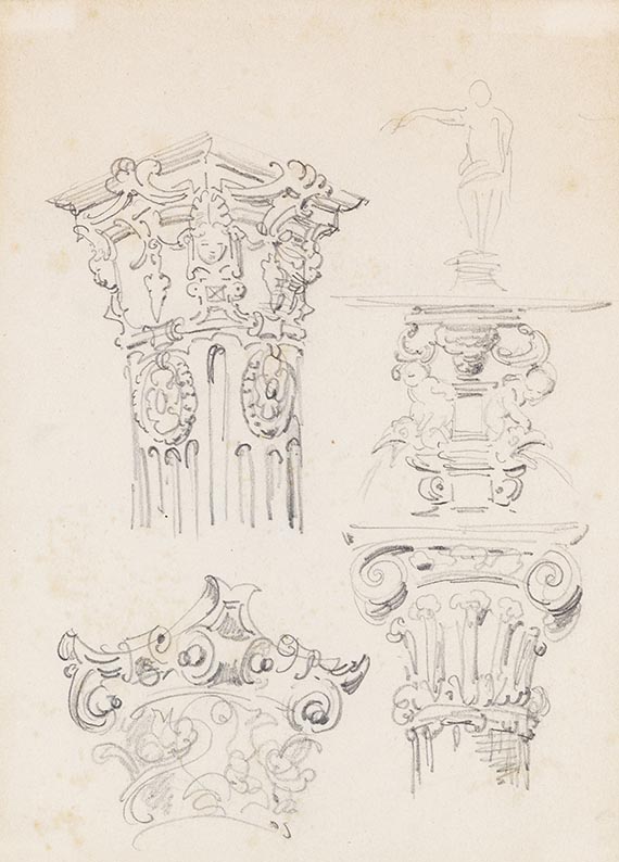 Wilhelm Busch - 6 Bll.: Küchenutensilien (Bl. 1a u. b). Säulenkapitelle (Bl. 2). Säulen, Kapitell und Konsole (Bl. 3). Fensterportale und Architekturornamente (Bl. 4). Buchstaben (Bl. 5)