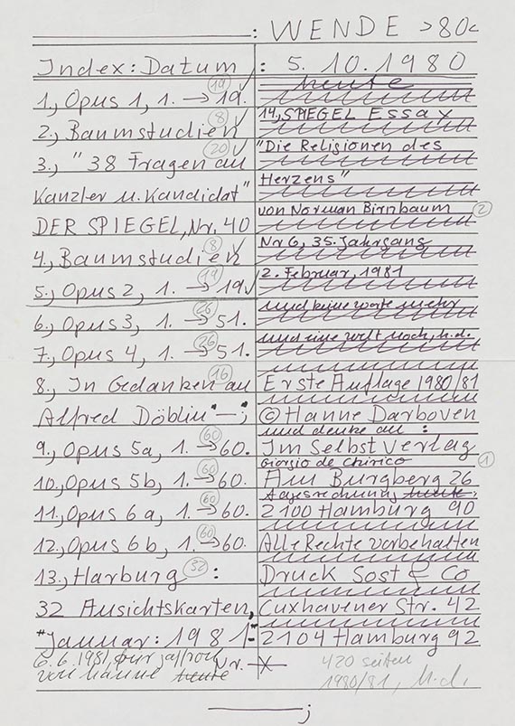 Hanne Darboven - Orig.-Entwurf "Wende >80<". Dabei: Brief an Herrn Gaffron 23. März 1976